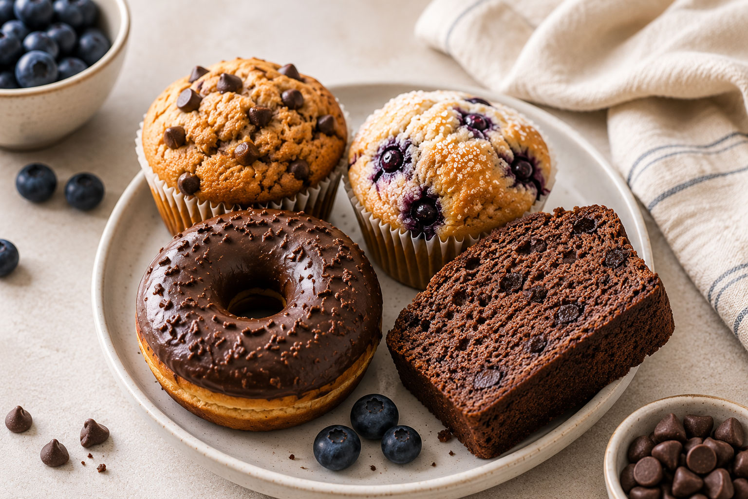 Muffins, chocolate donut and baked cake made with baking mix