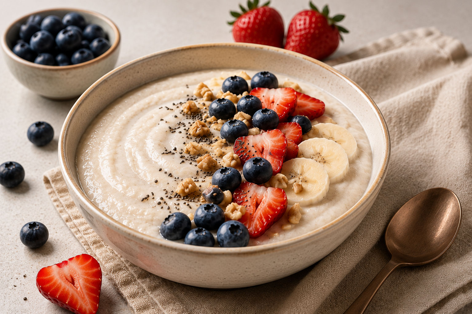 Cream of rice breakfast bowl topped with strawberries, blueberries and banana