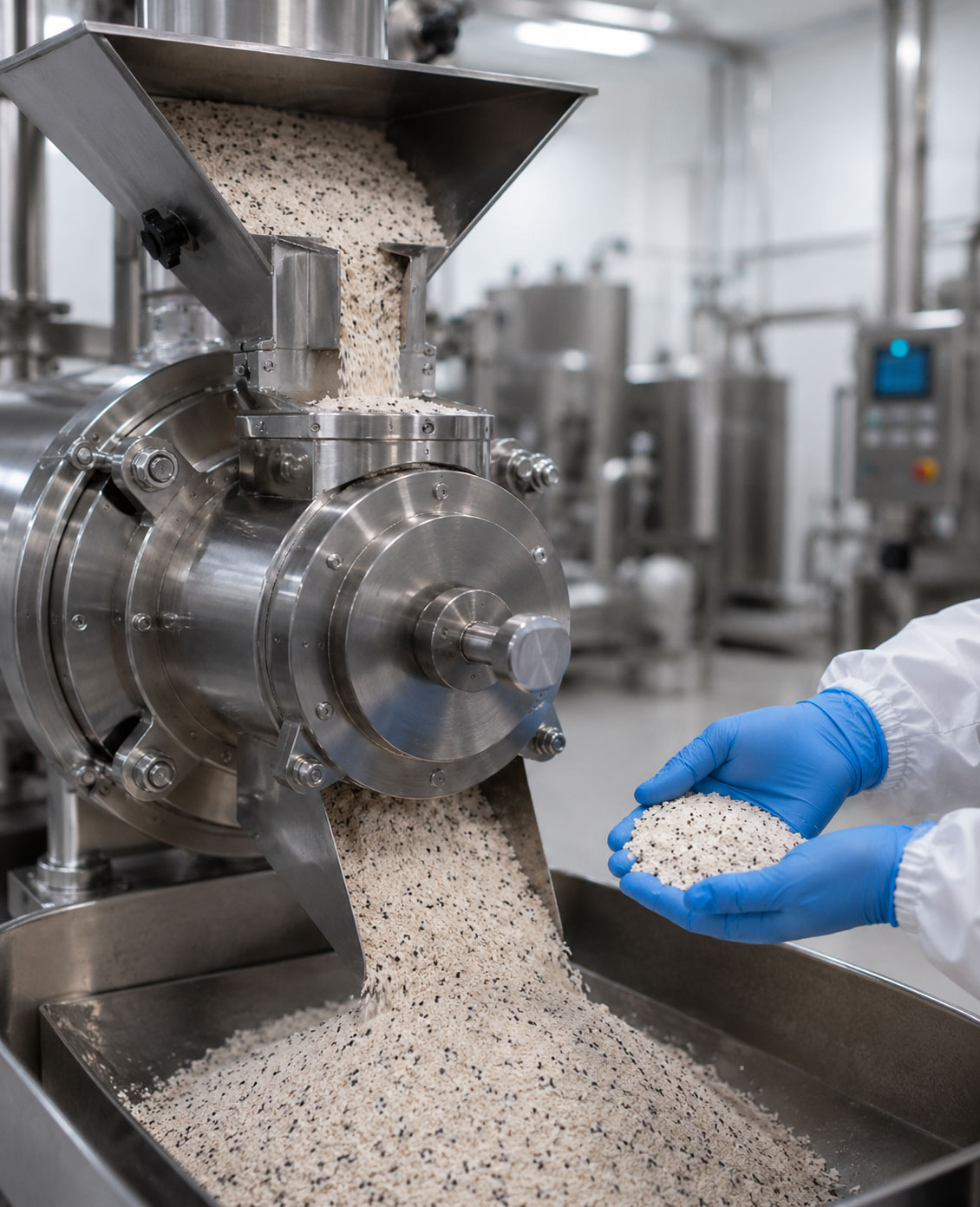 Rice blend being milled and granulated in-house at Grindstone Blends