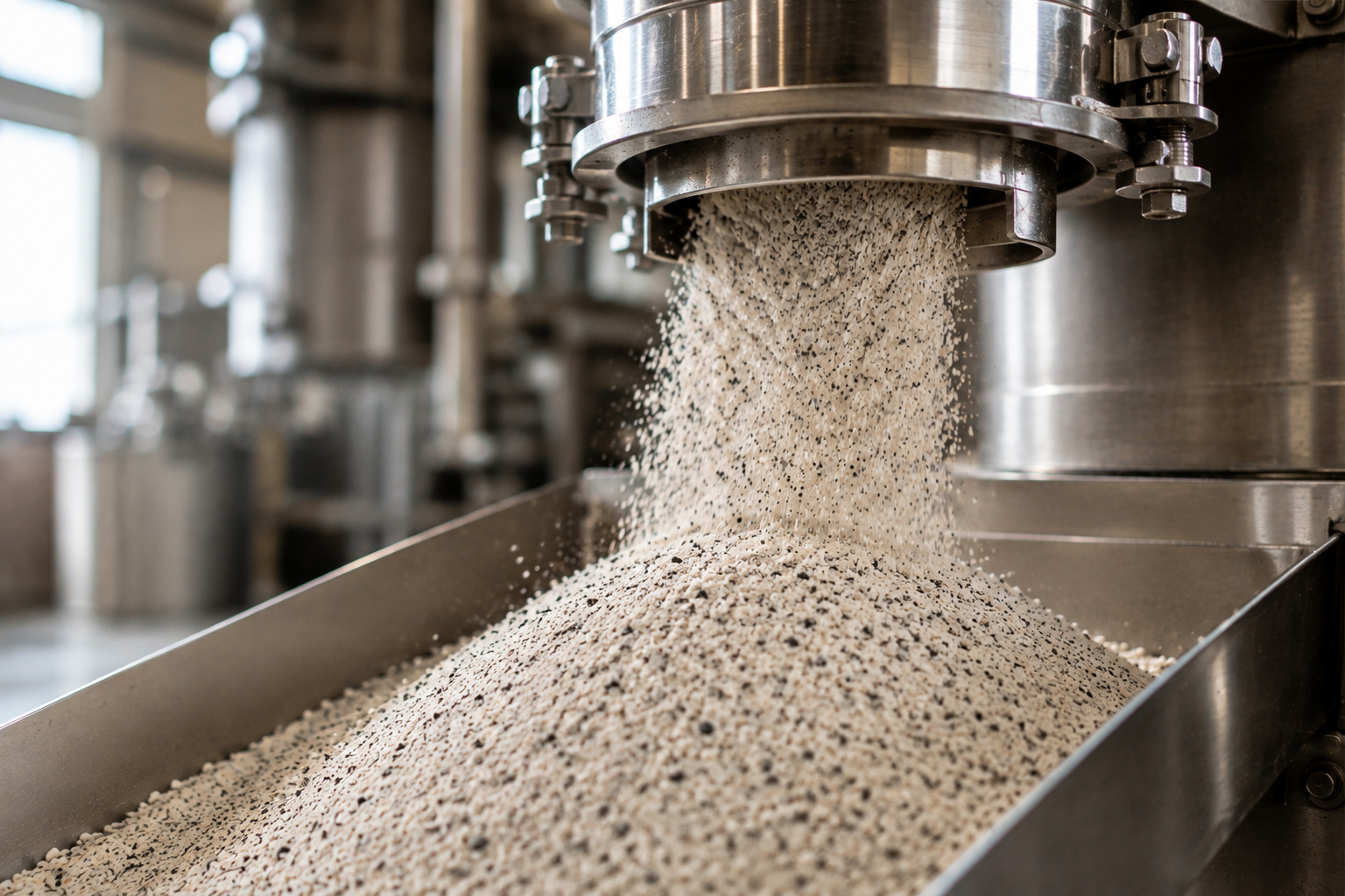 Speckled black and white rice blend during the milling process.