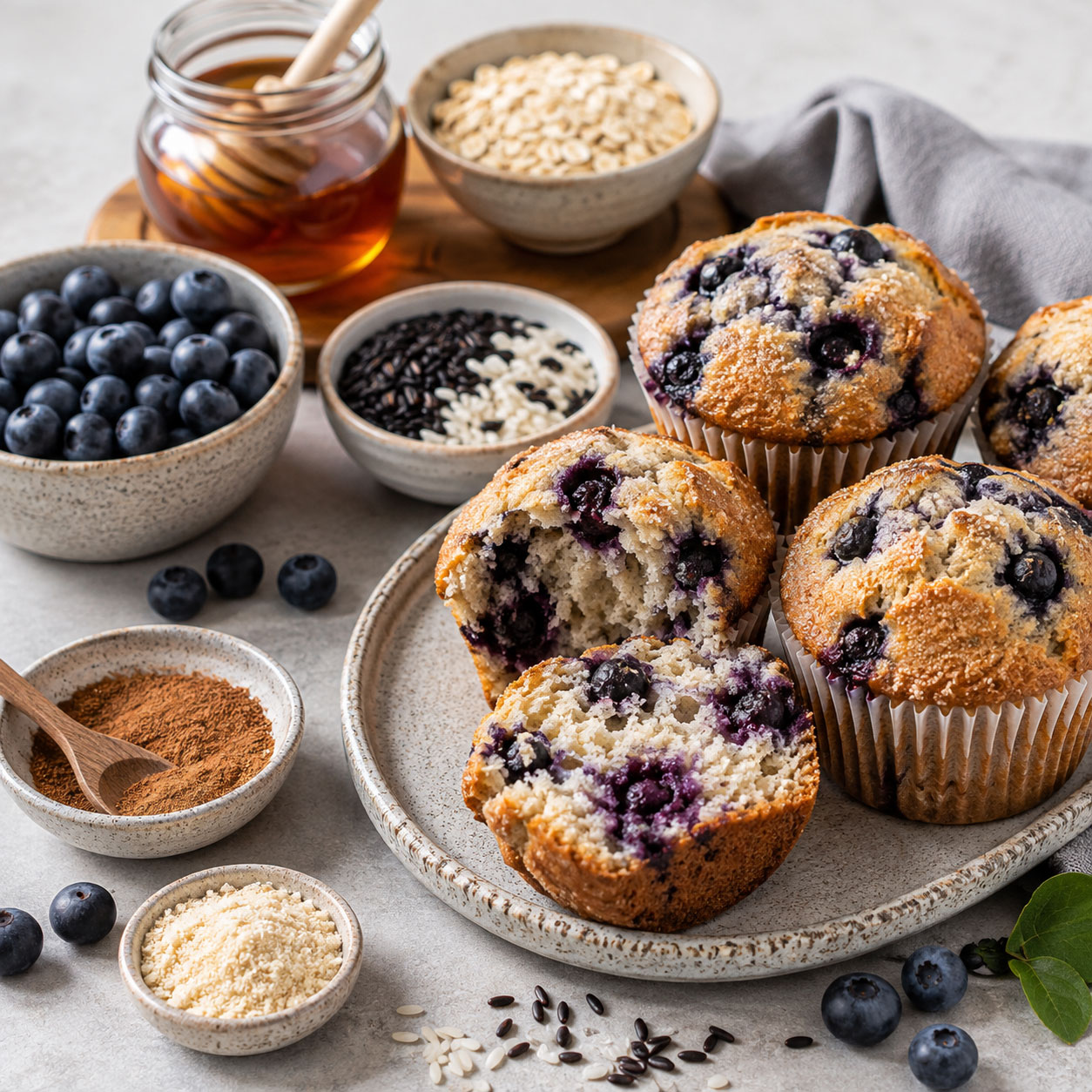 Blueberry muffins with rice, blueberries and natural ingredients