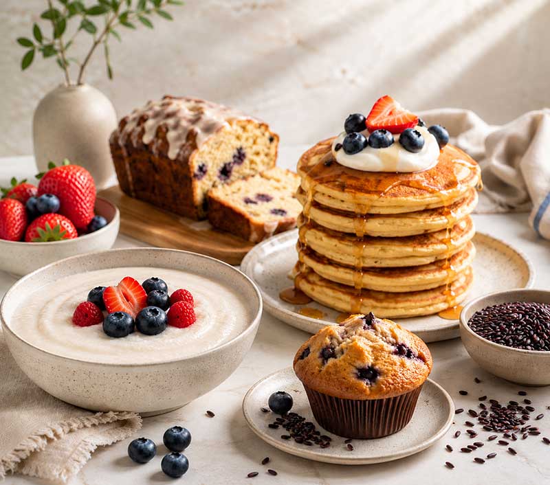 Pancakes, rice cereal, blueberry muffin and baked loaf